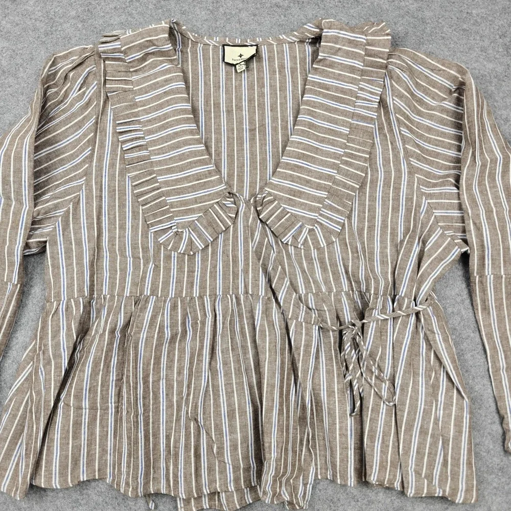 Tuckernuck Blouse Womens XL Brown Stripe Ruffle V Neck Tie Waist Peplum Top - Picture 2 of 11